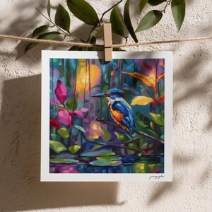 Colorful Kingfisher Oil Painting Print - Magical Realism Bird Wall Art image 2