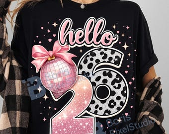 Hello 2026 PNG, New Year PNG, Pink Disco Ball PNG, Leopard 2026 Design, Sublimation Shirt Design