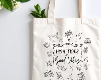 Beach Wedding Honeymoon Themed Tote Bag Bridal Party Gift Beach Doodle Canvas Bridal Party Gifts for Bachelorette Destination Wedding Gift