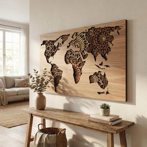 Mandala de mapa mundial multicapa, arte mural 3D cortado con láser, archivo SVG en capas