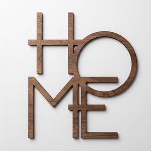 May include: Wooden "HOME" wall art in a modern, minimalist style. The letters are cut from dark brown wood and arranged in a unique, geometric design. The "O" is a complete circle, while the other letters are stylized.