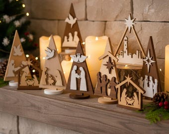 Christmas Nativity Scene SVG DXF AI — Holy Family & Manger Laser Cut Files, Christian Holiday Décor, Layered Tabletop Ornament Set
