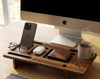 Desk Organizer SVG, Monitor Riser Laser Cut File, Wood Valet Tray DXF