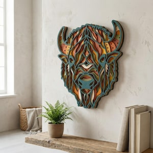Puede incluir: Una pieza de arte mural de cabeza de bisonte de madera en capas. La obra de arte presenta un diseño detallado con varios tonos de marrón, naranja y verde azulado. La cabeza de bisonte está montada en una pared blanca, creando un contraste llamativo.