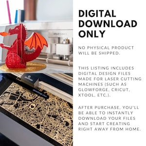 May include: A red glitter dragon figurine with orange wings sits on a gold surface, next to a laser cutting machine. A detailed map design is being cut by a laser cutter. Text reads "DIGITAL DOWNLOAD ONLY".