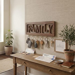 May include: A wooden key holder with the word "FAMILY" cut out. Several keys hang from the hooks below. A small framed picture and a potted plant are also visible on a wooden table.