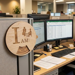 May include: A round, light-colored wooden sign with the text "I AM:" and a graphic of a person with a briefcase and another person sitting at a desk. The bottom of the sign reads "Wrestling with Spreadsheets".