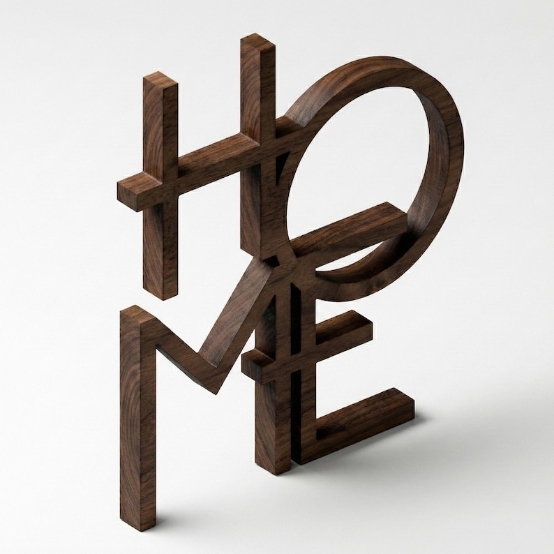 May include: A wooden sculpture spelling out the word "HOME" in a modern, three-dimensional design. The letters are crafted from dark brown wood, with a smooth, polished finish. The sculpture is a decorative item for a home.