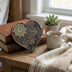 Puede incluir: Una obra de arte de madera en forma de corazón, multicapa, con un diseño de mandala detallado. La obra presenta tonos de azul, verde, rosa y dorado. Descansa sobre una mesa de madera junto a libros, una taza de té y una planta suculenta.