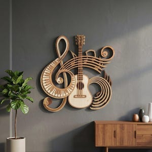 May include: Wooden wall art with a musical theme. It features a treble clef, musical notes, and a guitar. The guitar is light-coloured, and the other elements are a darker wood tone. The art is mounted on a grey wall.