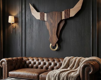 Bull Skull Laser Layered Wood Art, Geometric Animal, Western Wall Decor