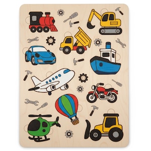 May include: Wooden puzzle featuring colorful illustrations of various vehicles, including a train, car, airplane, boat, motorcycle, and more. The puzzle pieces are designed to fit into corresponding cutouts on the wooden base, promoting fine motor skills and problem-solving.