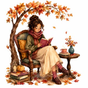 May include: An illustration of a person with a brown hair bun wearing a green sweater, a maroon scarf, and a cream skirt, sitting in a wooden armchair reading a book under an autumn tree. A side table holds a cup, a vase, and books, with a pumpkin nearby.