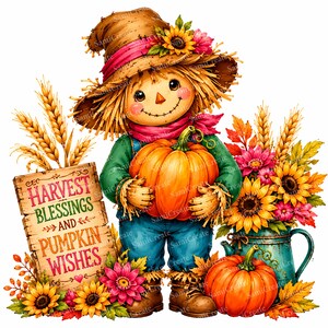 Puede incluir: Un espantapájaros con sombrero marrón, girasoles, camisa verde y peto azul sostiene una calabaza naranja. A su lado, un letrero de madera dice HARVEST BLESSINGS AND PUMPKIN WISHES, rodeado de girasoles, trigo y una jarra de color verde azulado.