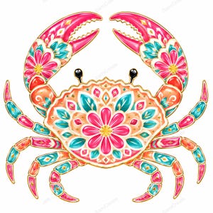 Può includere: Illustrazione di un granchio colorato con un design floreale. Il granchio presenta accenti rosa, arancioni, turchesi e dorati. Il guscio e le chele del granchio sono decorati con motivi intricati e gli occhi sono neri.