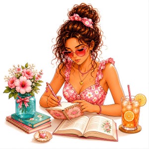 Può includere: Illustrazione di una donna che scrive in un taccuino floreale, con occhiali da sole rosa e un top floreale abbinato. Un bicchiere di tè freddo con una fetta di limone è vicino. Un mazzo di fiori rosa è in un barattolo blu.