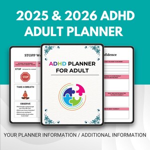 Peut inclure: Un planificateur numérique pour adultes atteints de TDAH, avec une couverture blanche portant le texte "ADHD PLANNER FOR ADULT" et un design de pièces de puzzle colorées. Le planificateur comprend des sections d'auto-réflexion et de fixation d'objectifs. Le texte "2025 & 2026 ADHD ADULT PLANNER" est en haut.