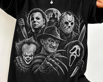 Vintage Horror Characters PNG | Preppy Halloween Halftone Shirt Design | Trendy Scary Movie Png | Digital Download