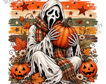 Ghostface Fall Pumpkin Png | Preppy Floral Halloween Shirt Design | Trendy Autumn Spooky Season Sublimation | Digital Download