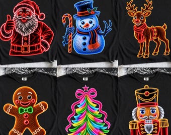 May include: A collection of six black crewneck sweatshirts, each featuring a vibrant neon-style graphic. The designs include Santa Claus, a snowman with a candy cane, a reindeer, a gingerbread man, a rainbow Christmas tree, and a nutcracker.