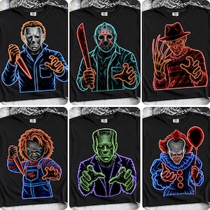 Może przedstawiać: Kolekcja sześciu czarnych bluz z grafikami w stylu neonowym przedstawiającymi postacie z horrorów, w tym Michaela Myersa, Jasona Voorheesa, Freddy'ego Kruegera, Chucky'ego, potwora Frankensteina oraz klauna Pennywise'a.