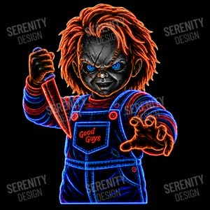 May include: A neon-style graphic illustration of a doll with messy orange hair, bright blue eyes, and facial scars. The doll wears blue overalls with the text Good Guys on the chest and holds a glowing red knife in one hand, set against black.