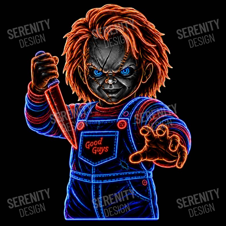 May include: A neon-style graphic illustration of a doll with messy orange hair, bright blue eyes, and facial scars. The doll wears blue overalls with the text Good Guys on the chest and holds a glowing red knife in one hand, set against black.