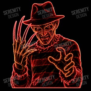 May include: A graphic illustration of a character wearing a fedora and a striped sweater, featuring a glove with long, sharp blades on the right hand. The design is rendered in glowing red neon outlines against a black background with Serenity Design text.
