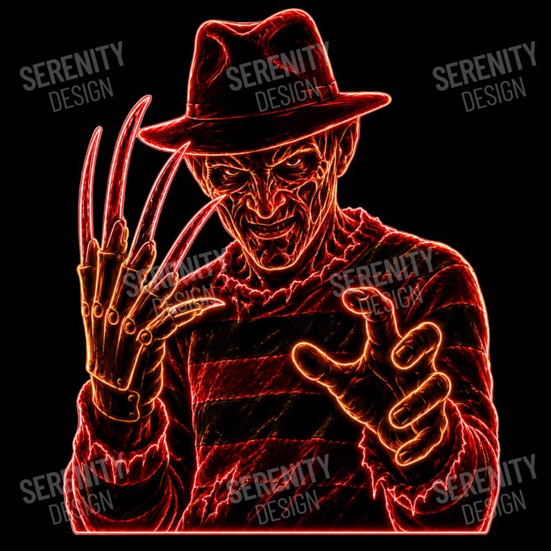 May include: A graphic illustration of a character wearing a fedora and a striped sweater, featuring a glove with long, sharp blades on the right hand. The design is rendered in glowing red neon outlines against a black background with Serenity Design text.