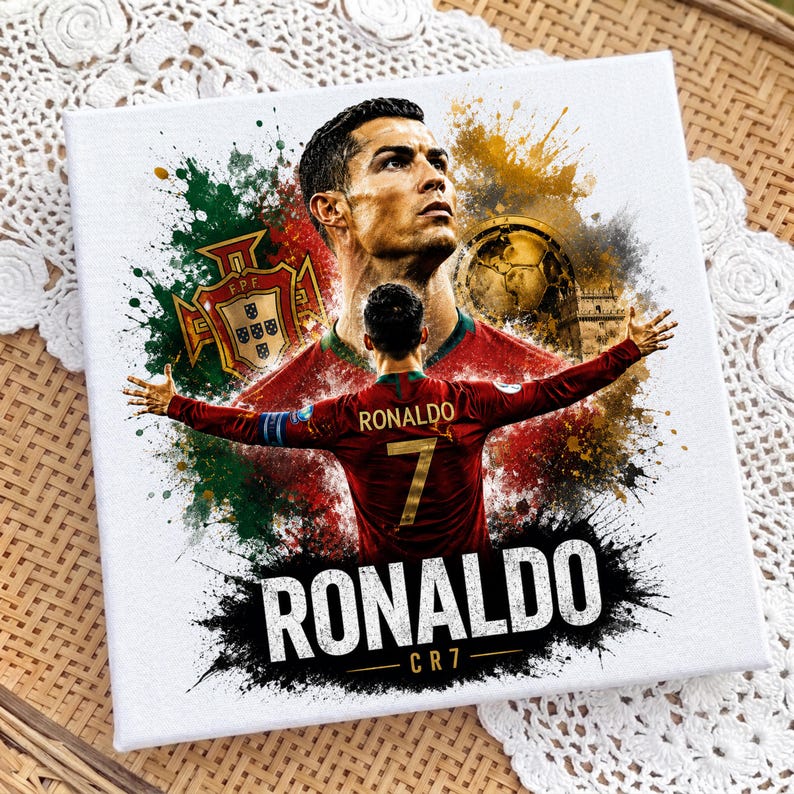 May include: A square canvas print featuring a portrait of Cristiano Ronaldo and a back view of the athlete wearing a red jersey with the number 7. The design includes the Portugal national team crest, a soccer ball, and the text RONALDO CR7.