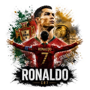 Può includere: Un'illustrazione grafica che ritrae Cristiano Ronaldo con la maglia rossa del Portogallo con il numero 7 sulla schiena e le braccia tese. Il design include un ritratto di Ronaldo, lo stemma nazionale portoghese, un pallone e il testo RONALDO CR7.