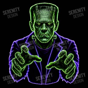 May include: A graphic illustration of a green-skinned creature with a flat head, neck bolts, and stitches on the forehead, wearing a dark purple jacket. The figure has glowing green eyes and reaches forward with both hands. The text SERENITY DESIGN appears.