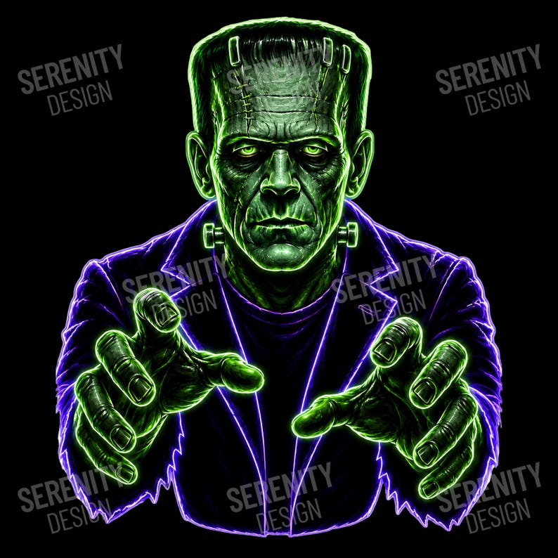May include: A graphic illustration of a green-skinned creature with a flat head, neck bolts, and stitches on the forehead, wearing a dark purple jacket. The figure has glowing green eyes and reaches forward with both hands. The text SERENITY DESIGN appears.