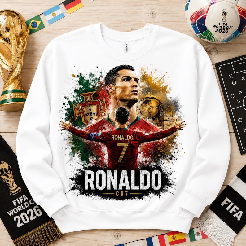 May include: A white crewneck sweatshirt featuring a graphic print of Cristiano Ronaldo. The design includes a portrait of the player, a back view of him in a red Portugal jersey with the number 7, the Portugal crest, and the text RONALDO CR7.