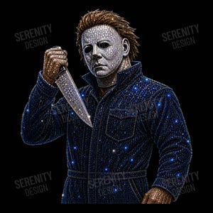 May include: A rhinestone-encrusted graphic of a masked figure wearing a dark blue jumpsuit, holding a large knife. The figure has brown hair and a white mask, with the text SERENITY DESIGN overlaid multiple times across the dark background.