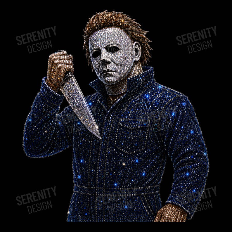 May include: A rhinestone-encrusted graphic of a masked figure wearing a dark blue jumpsuit, holding a large knife. The figure has brown hair and a white mask, with the text SERENITY DESIGN overlaid multiple times across the dark background.