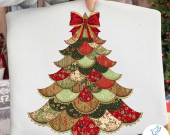 May include: A white pillow featuring a Christmas tree design. The tree is composed of layered, scalloped shapes in red, green, and gold floral patterns, topped with a red bow. The pillow has a gold lace trim.