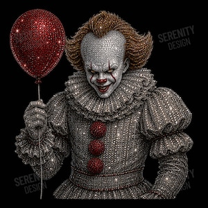 May include: A sparkling rhinestone-encrusted clown figure featuring a silver face, red makeup accents, and voluminous hair. The clown wears a textured grey ruffled costume with three red buttons and holds a single, large, shimmering red balloon.