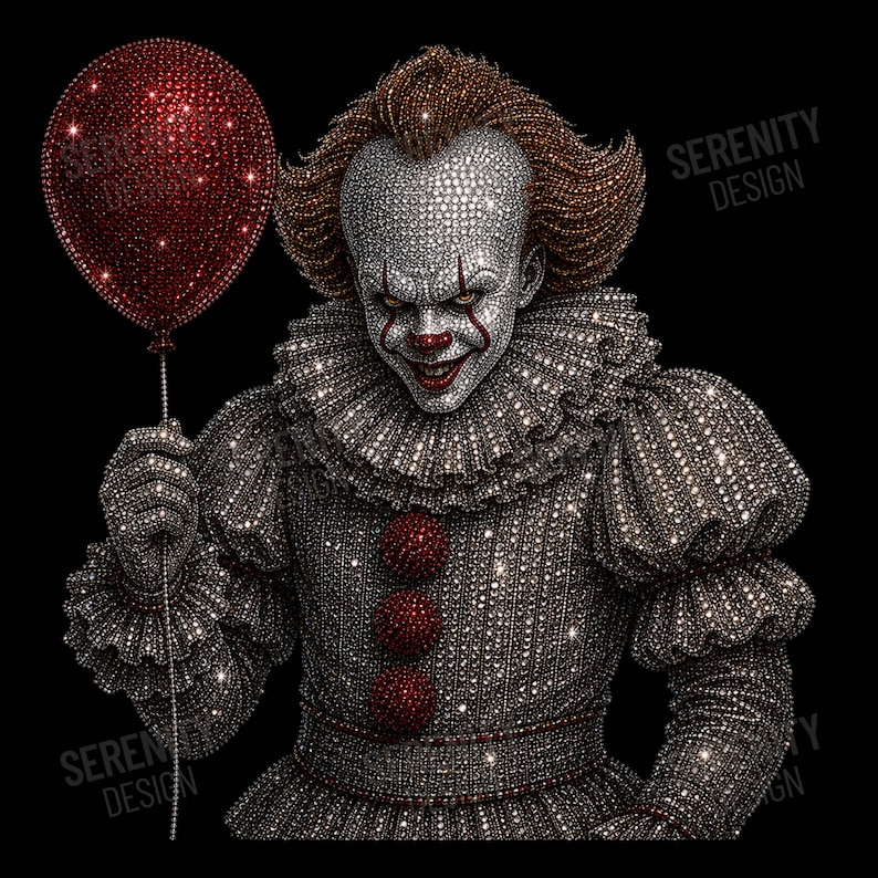 May include: A sparkling rhinestone-encrusted clown figure featuring a silver face, red makeup accents, and voluminous hair. The clown wears a textured grey ruffled costume with three red buttons and holds a single, large, shimmering red balloon.