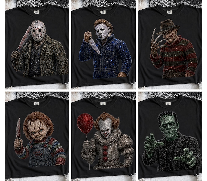 May include: A collection of six black long-sleeve shirts, each featuring a detailed graphic print of a classic horror movie character. The designs include Jason Voorhees, Michael Myers, Freddy Krueger, Chucky, Pennywise with a red balloon, and Frankenstein's monster.