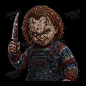 May include: A rhinestone-encrusted graphic of a doll with red hair, blue eyes, and facial scars, wearing blue denim overalls with the text GOOD GUYS on the chest. The doll holds a silver knife with red blood-like stains on the blade.