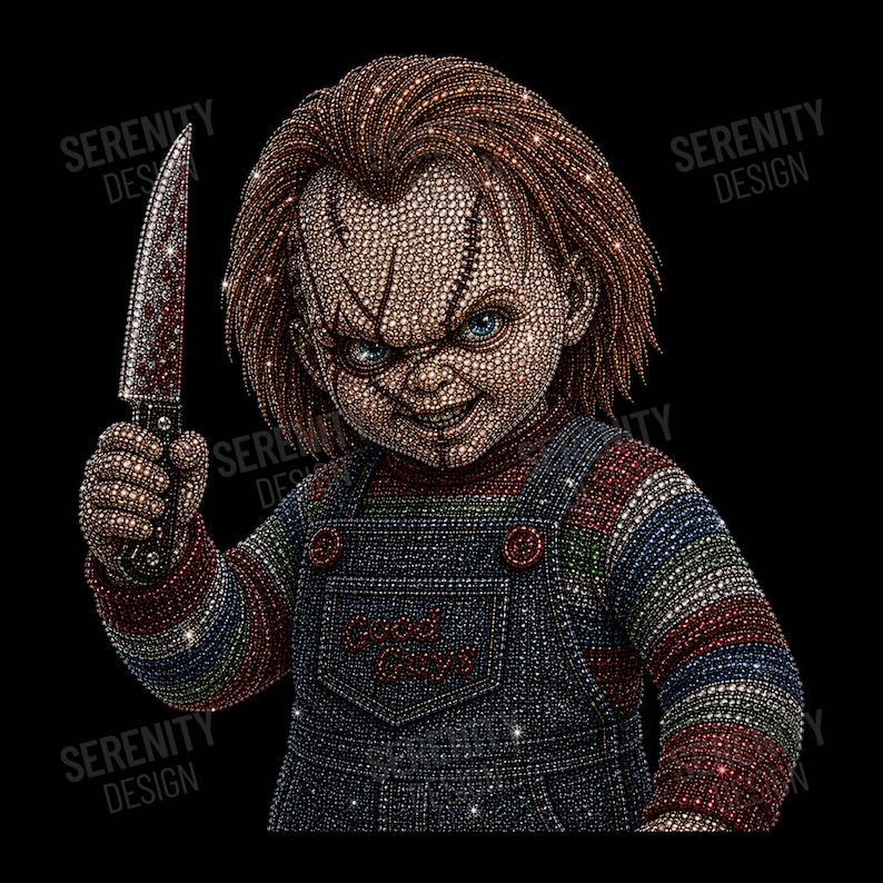 May include: A rhinestone-encrusted graphic of a doll with red hair, blue eyes, and facial scars, wearing blue denim overalls with the text GOOD GUYS on the chest. The doll holds a silver knife with red blood-like stains on the blade.