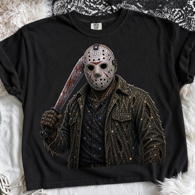 May include: A black t-shirt featuring a graphic of a hockey mask-wearing figure holding a baseball bat. The design is covered in sparkling rhinestones, depicting the figure in a distressed jacket and shirt, with the Comfort Colors brand label.