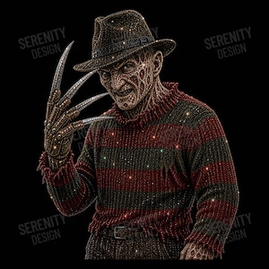 May include: A rhinestone-embellished graphic of a character wearing a brown fedora and a red and black striped sweater, featuring a glove with long, sharp metallic blades. The design is composed of sparkling crystals on a solid black background.