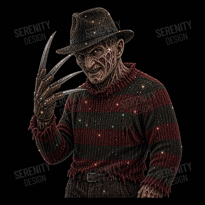 May include: A rhinestone-embellished graphic of a character wearing a brown fedora and a red and black striped sweater, featuring a glove with long, sharp metallic blades. The design is composed of sparkling crystals on a solid black background.