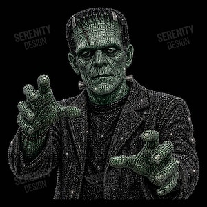 May include: A graphic illustration of Frankenstein's monster rendered in green and black rhinestones. The figure wears a dark jacket and has bolts on the neck. The text SERENITY DESIGN is visible in the background. The design is set against a black background.