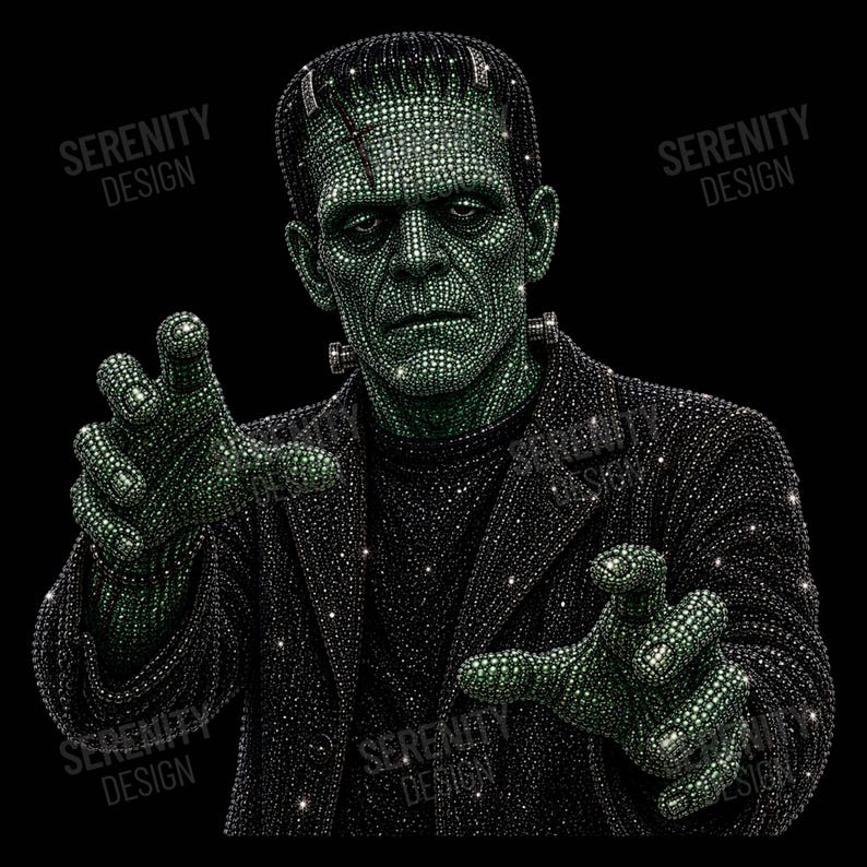 May include: A graphic illustration of Frankenstein's monster rendered in green and black rhinestones. The figure wears a dark jacket and has bolts on the neck. The text SERENITY DESIGN is visible in the background. The design is set against a black background.
