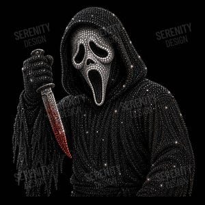 May include: A graphic design featuring a hooded figure wearing a mask, entirely covered in black and white rhinestones. The figure holds a knife with a blade encrusted in red rhinestones. The text Serenity Design appears faintly in the background.