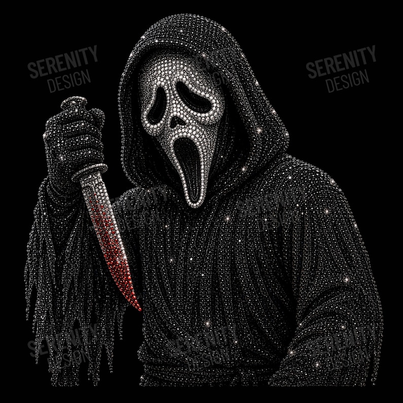 May include: A graphic design featuring a hooded figure wearing a mask, entirely covered in black and white rhinestones. The figure holds a knife with a blade encrusted in red rhinestones. The text Serenity Design appears faintly in the background.