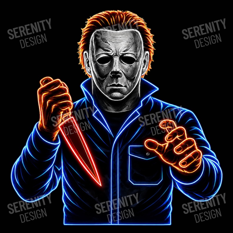 May include: A graphic illustration of a figure wearing a white mask and a dark jacket with glowing blue outlines. The figure has orange-toned hair and holds a glowing red knife in the right hand, with the left hand reaching forward.